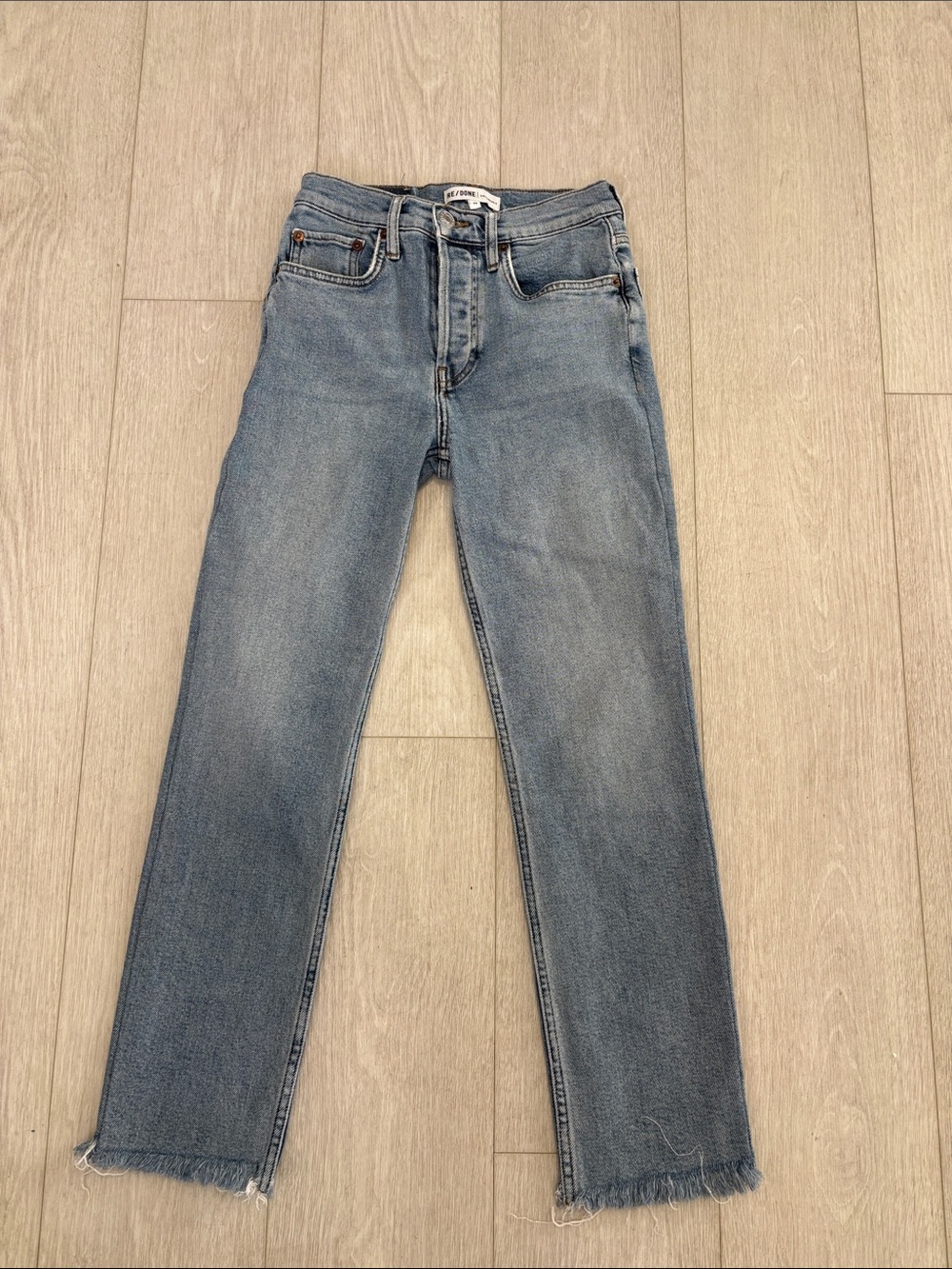 Re/Done High Rise Stove Pipe Frayed Hems Button Fly Light Wash Blue Jeans 24